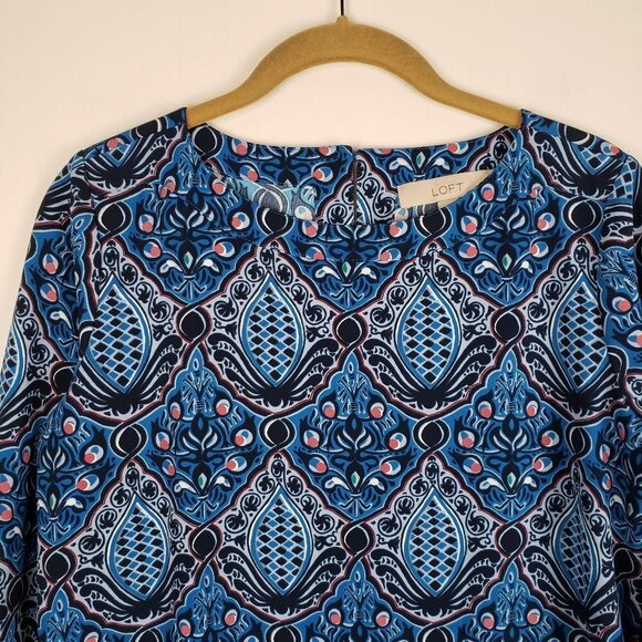 Loft Long Sleeve Shift Dress Blue Mod Retro Tile Print Size XSP XSmall Petite - Picture 3 of 9